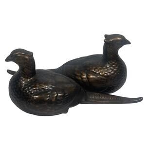1969 Artist Signed Zell Ceramic Pheasant Figurines Pair Gold Bronze MCM Decor